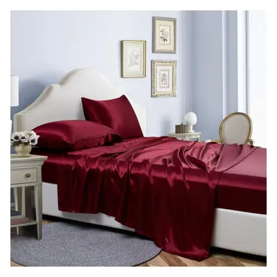 (wine red, Full) Colors Four-piece Set Of Solid Color Luxury Sheets Bed Hat Pillowcase Home Bedd