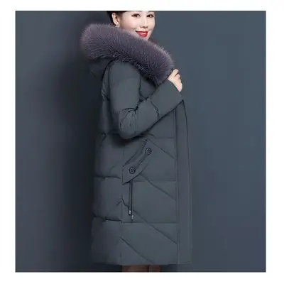 (grey, XXXL) Winter Women&apos;s Solid Color Mid-length Fur Collar Hooded Down Jacket