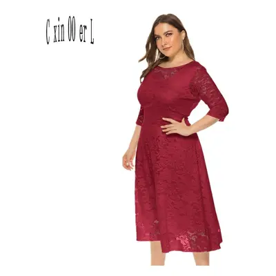 (red, XXXL) Plus Size Xl-6xl New Fashion Popular Evening Dress Medium Length Hollow Lace Women D