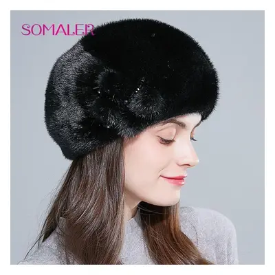 (as the picture) Somaler Winter Mink Fur Berets For Female Whole Black Mink Fur Women Hats Warm 