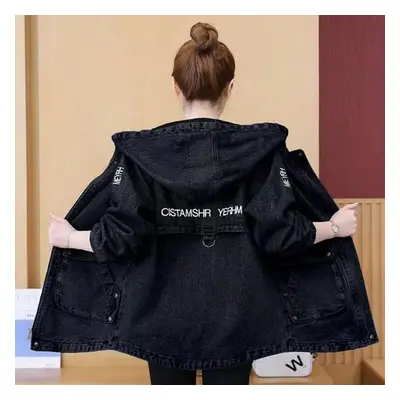 (black, XL) Spring Autumn Women Fashion Long Sleeves Outwear Hooded Denim Jacket Plus Size