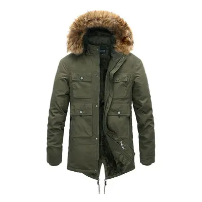 (army green, 3XL) Winter Men&apos;s Bomber Jackets With Fur Collar Thick Warm Hooded Coat Casual