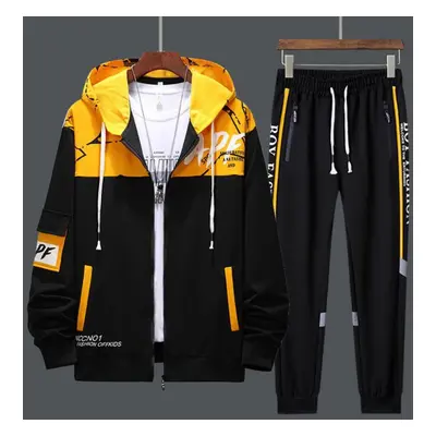 (yellow, XXL) Men Tracksuits Piece Sweat Suits Mens Zipper Cardigan Printing Sweatshirts Sweatpa