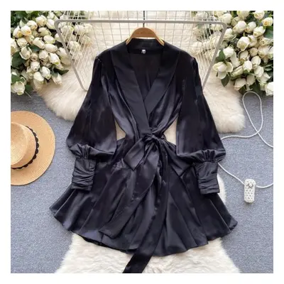 (black, L) V Neck Puff Sleeve Satin Lace-up Solid Color Dresses For Women French Chic Pleated Dr