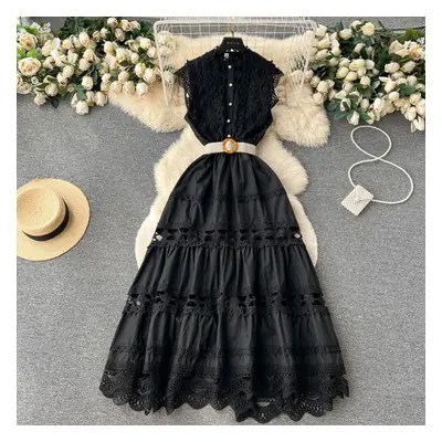 (black, L) Summer French Vintage Long Maxi Holiday Dress Hollow Out Embroidery Lace High Quality