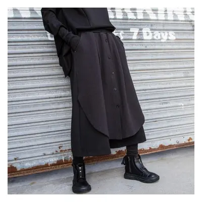 (black, M) Johnature Autumn Winter Loose False Two Pieces Patchwork Wide Leg Pants New Mid Waist