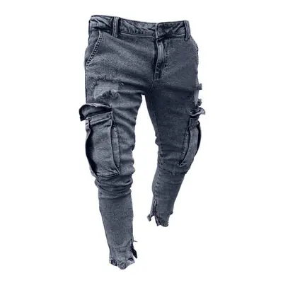 (blue, XL) Makewishes Denimi Men&apos;s Fashion Causal Pocket Zipper Slim Fit Shredded Denim Lon