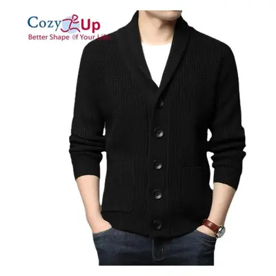 (black, XXXL) Cozy Up Men&apos;s Lambswool Long-sleeve Shawl Collar Cardigan Sweater