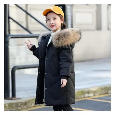 (black, 120) Girl Down Cotton Jacket Mid-length Girl Winter Thickened New Cotton-padded Coat For