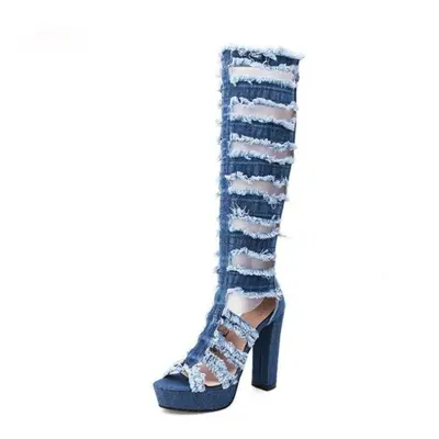 (light blue, 35) Deep Toe Over The Knee Hole Jean Boots Women Long Tight Chunky Heel Summer Boot