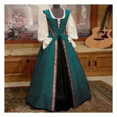 (lake blue, L) Stylish Medieval Renaissance Style Square Neck Waist-slimming Big Pendulum Two-pi