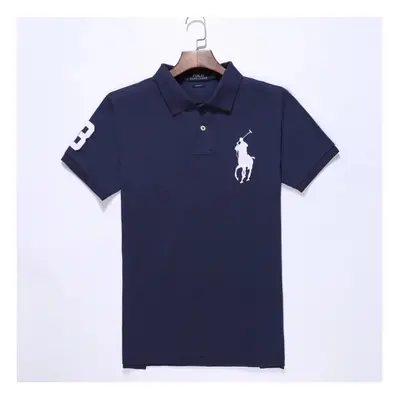 (Navy & white, M) Men's Custom Fit Polo Shirt Cotton Short Sleeve Large Pony Polo Top