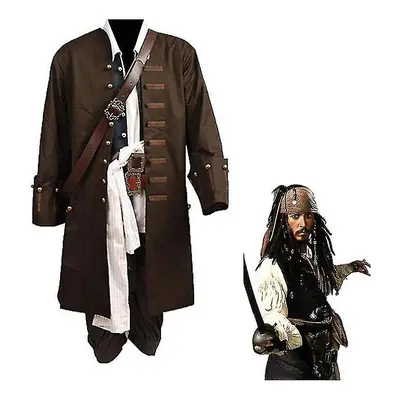 (wig hat, L) Pirates Of The Caribbean Cosplay Costume Movie Jack Sparrow Cosplay Full Set Costum