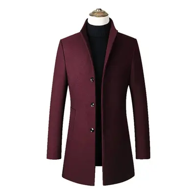 (wine, L) Men Mid-length Slim-fit Woolen Coat With Stand-collar Solid Color Woolen Coat