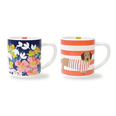 Bright Side Set of Stackable Ceramic Mugs for Tea or Coffee Featuring Floral and Sausage Dog Des