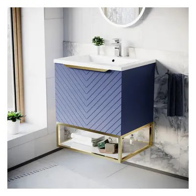 Nes Home 600mm Wall Hung Blue Drawers Basin Vanity Brushed Brass Frame & Handle