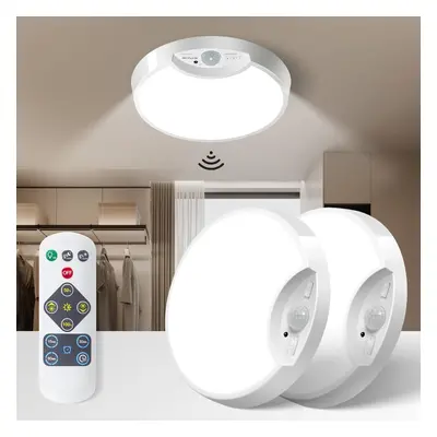 (Two Pack(white)) Pack, Motion Sensor Ceiling Light, 7.5" 400LM Remote USB LED Battery Powered R