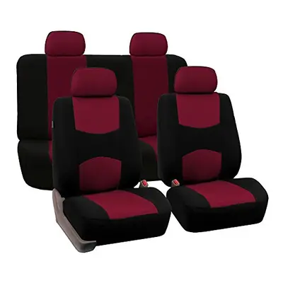 FH Group Bright Flat Cloth Full Set Car Seat Covers Burgundy/Black- F