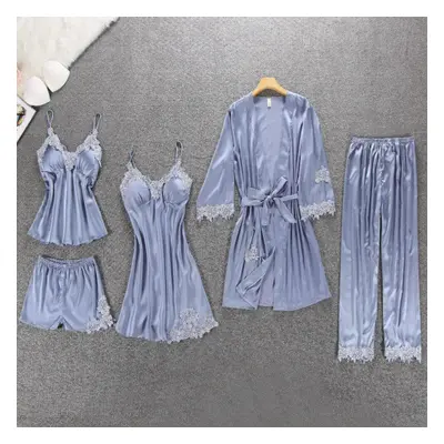 (grey, M) Lisacmvpnel Pcs With Pad Sexy Lace Pajama Set Nightgown+cardigan+pant Set Lace Pijama 