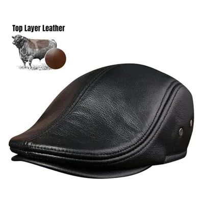 (black, L(55-56cm)) High Quality Cow Leather Hat Men&apos;s Fashion Warm Thickened Beret With Hi