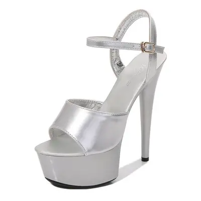 (silver, 41) Walking Show Artifact Model High-heeled Shoes Sandals Thin-heeled 13-17cm Sexy Blac