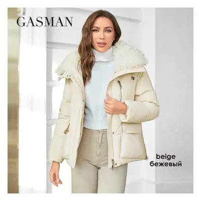 (beige, M) Gasman Fashion Winter Parkas Women&apos;s Short Fur Collar Slim Casual Hooded Warm Do