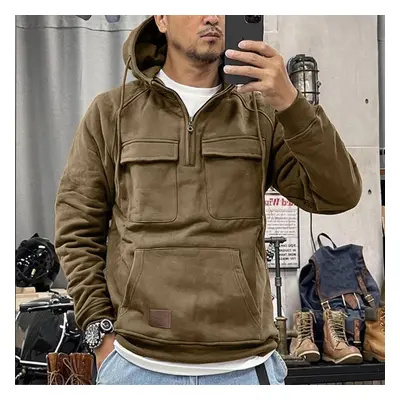 (khaki, L) Men&apos;s Hooded Solid Color Sweater, European And American Youth Sports Multi Pocke