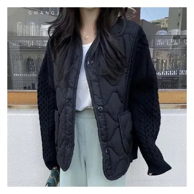 (black, One Size) Dimanaf Winter Women Sweaters Patchwork Wadded Buttons Coat Knitting Jacket Fa