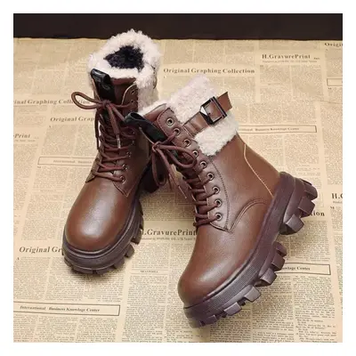 (brown, 39) Plush Cotton Boots For Women In Winter Vintage Thick Soled Green Short Boots Muffin 