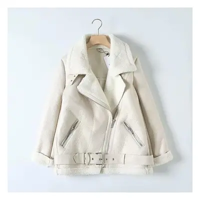 (beige, S) Tpirckvi Women Beige Faux Leather Jacket Coat With Belt Turn Down Collar Ladies Winte