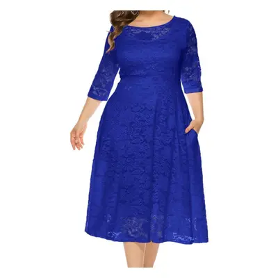 (blue, 6XL) Plus Size Xl-6xl New Fashion Popular Evening Dress Medium Length Hollow Lace Women D