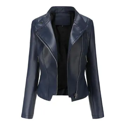 (dark blue, M) Women Faux Leather Biker Jacket Stand Collar Asymmetric Zip Up Pu Moto Coat Short