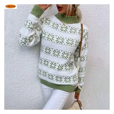 (green, L) Zimoxuan New Winter Knit Sweater For Women Half Turtleneck Christmas Snowflake Pullov