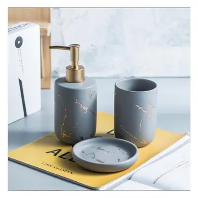 (grey, 3pcs) Scandinavian Bathroom Accessories Set Marble Toothbrush Cup With Two Rinse Cups Soa