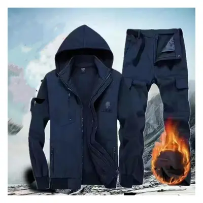 (blue, XXXXL) Men&apos;s Autumn Outdoor Set Winter Outdoor Hooded Fleece Thickening Suit Hooded 