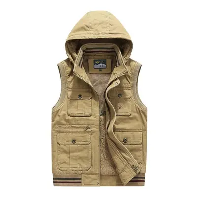 (khaki, 4XL) Brand Vest Men Winter Fleece Thick Warm Waistcoat Men Hooded Multi Pockets Military