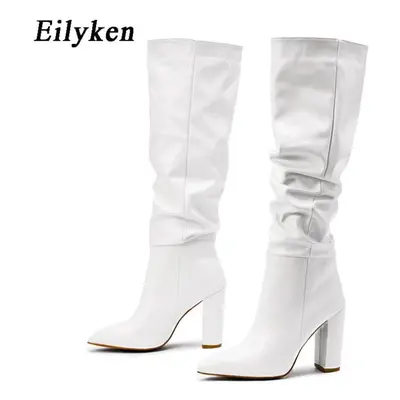 (white, 38) Eilyken Fashion White Black Women Knee High Boots Sexy Pointed Toe Square Heels Ladi