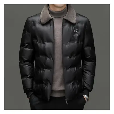 (black, L) Men Autumn Winter Cotton Jacket Fur Collar Warm Comfortable Padded Thickened Down Jac