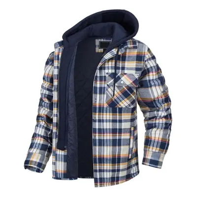 (orange, XL) Men&apos;s Autumn/winter Long Sleeve Lapel Plaid Hooded Thickened Shirt Jacket