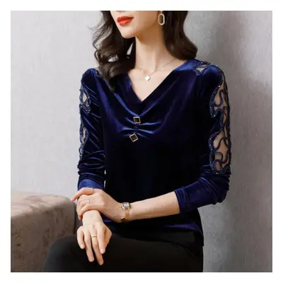 (blue, XXL) Ladies Blouse Pleuche Top Women&apos;s Autumn And Spring Lace Hollow Out V-neck Long