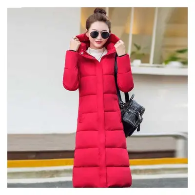 (red, XL) Winter Down Cotton White Duck Down Warm Hooded Jacket Thickened Warmth Long Over-the-k