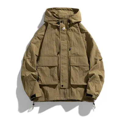 (khaki, 2XL) Men&apos;s Trench Jacket Hip Hop Solid Color Outdoor Sports Hooded Coat Purple Hood