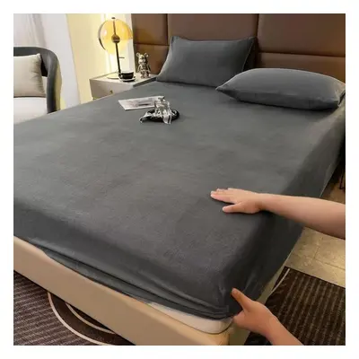 (dark gray, Bed sheet (180x200x25cm)) Tafu Velvet Fitted Sheet Thick Winter 3D Cut And Plush Mil