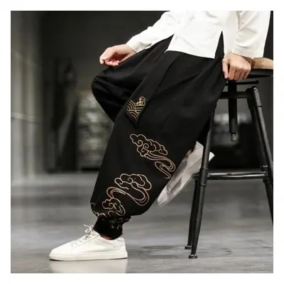 (black, L) Chinese Style Retro Auspicious Clouds Print Pants Men Clothing Autumn Fashion Clothes