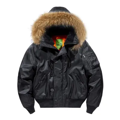 (black, XL) Fur Collar Hooded Coat Military Fur Hood Warm Tactical Bomber Jackets Warm Windproof