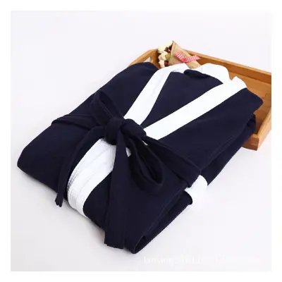 (navy blue, M) Bathrobe Men Thin Terry Cloth Bath Robe Towel Nightgown Pajamas