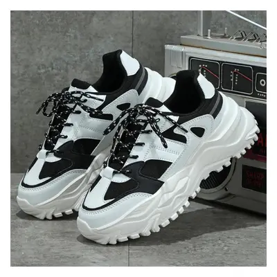 (black,white, 42) Tuinanle Couples Chunky Sneakers Women Lace Up Mixed Color Platform Shoes Supe