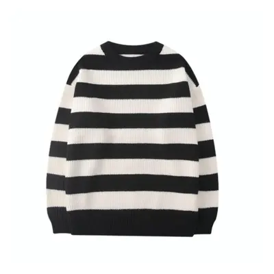 (white,black, M) Autumn Winter Knitted Striped Sweater Women Casual Oversized Pullovers Sweaters