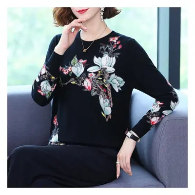 (black, XXL) Women&apos;s Autumn And Winter Fashion Sweater Casual Knitted Sweater Printing Roun