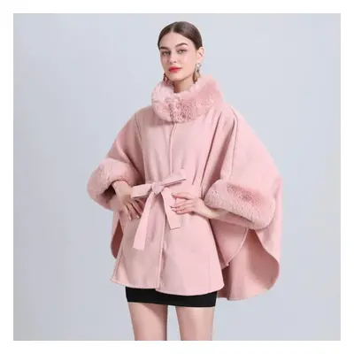 (pink, One Size) Winter Woman&apos;s Shawl Cape Jacket Fur Collar Knitted Laced Seven-point Slee